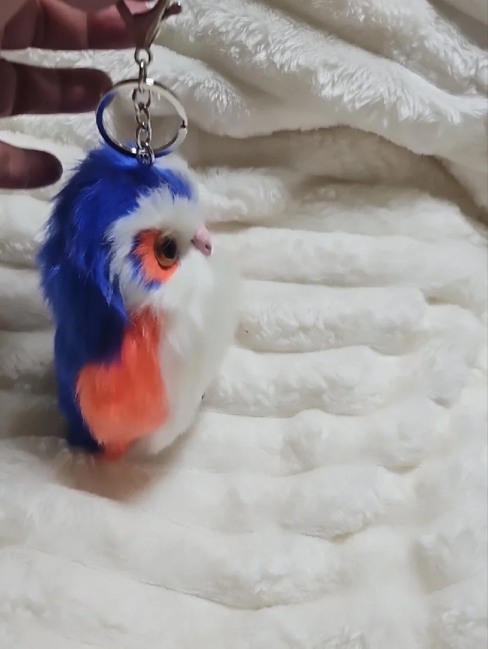 Blue & Peach Faux Fur Owl Keychain Plush. New No Tag